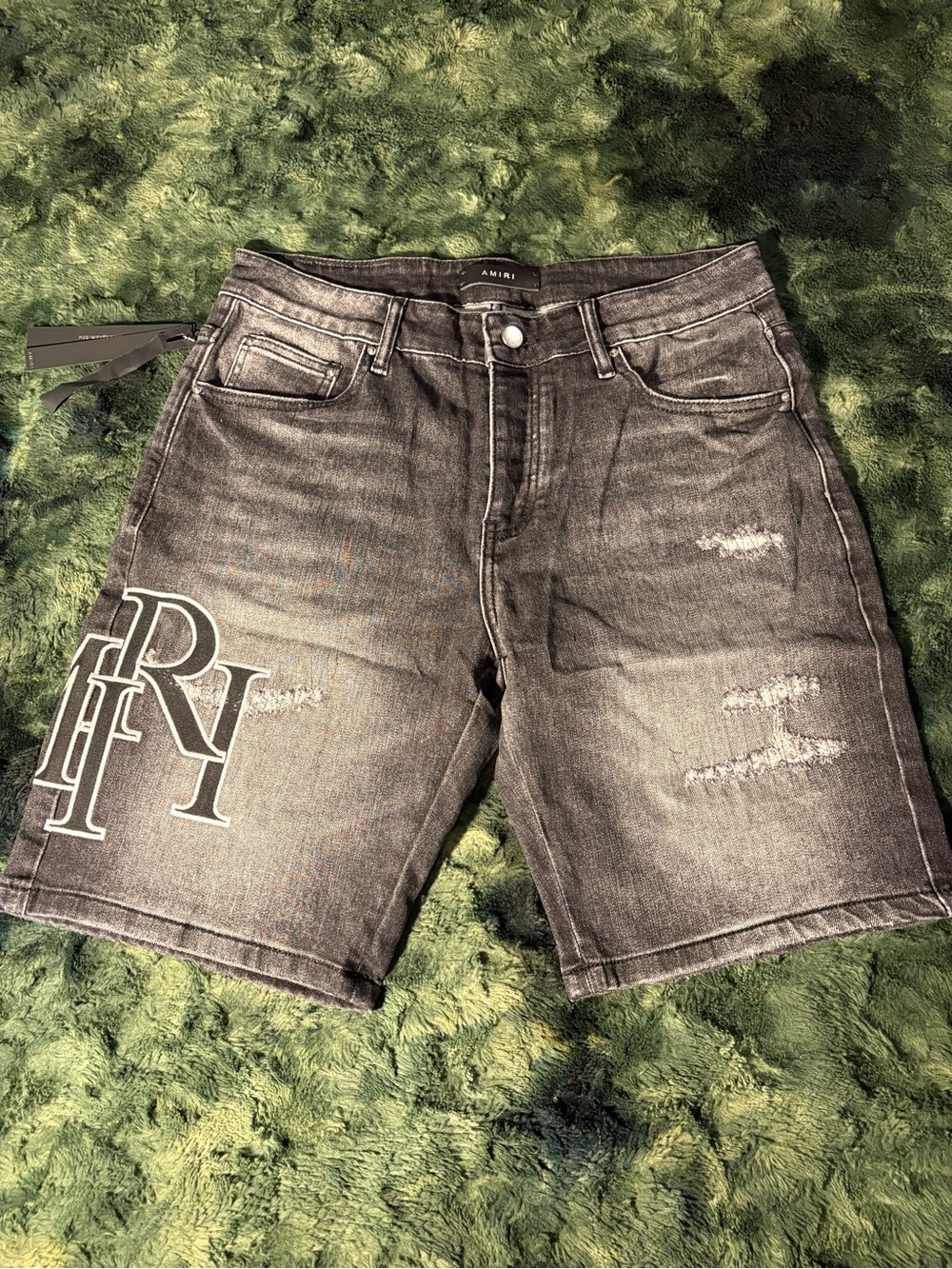 AMIRI Washed Black Distressed Denim Shorts with Left-Leg Logo